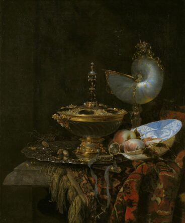 Pronk Still Life with Holbein Bowl, Nautilus Cup, Glass Goblet and Fruit Dish (1678) by Willem Kalf