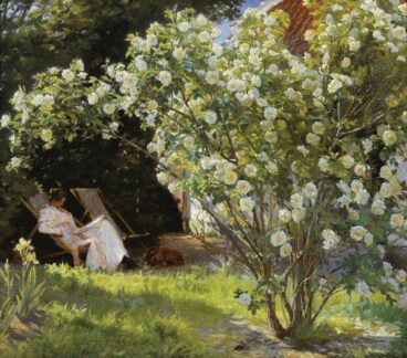 Marie Kroyer seated in the deckchair in the garden by Mrs Bendsens house (1893) by Peder Severin Krøyer